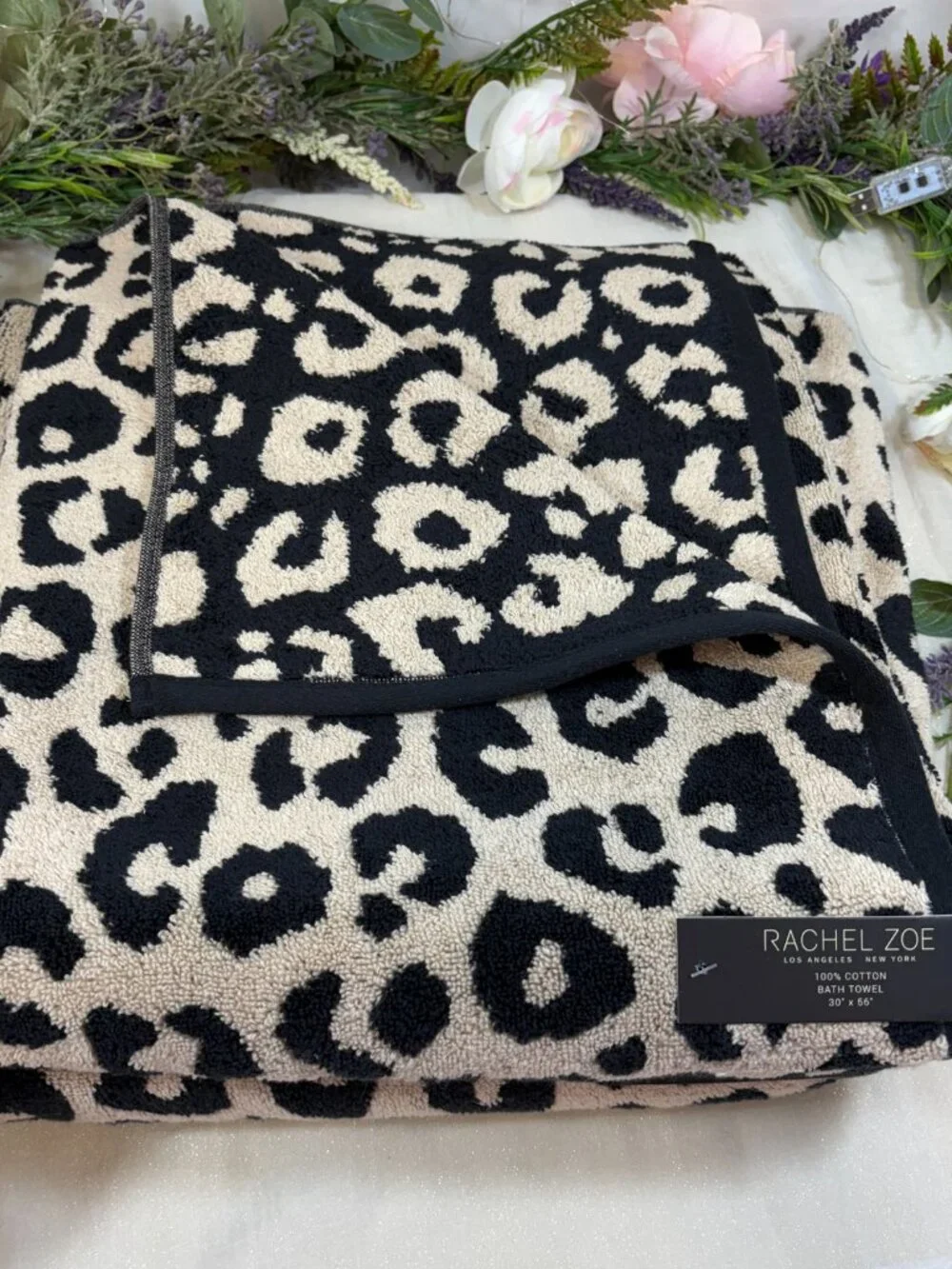 Rachel Zoe Leopard Print Black Beige Bath Hand Towels Washcloth 8 Pc Set Revers